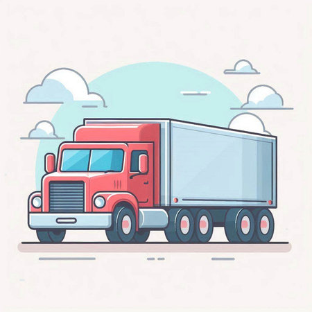 Vector illustration of truck in flat style on the background of clouds.のイラスト素材