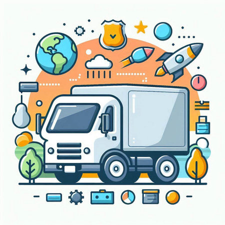 Vector illustration of truck in flat line style. Delivery service concept.のイラスト素材