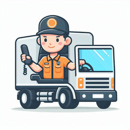 Courier in uniform driving a truck. Vector illustration on white background.のイラスト素材