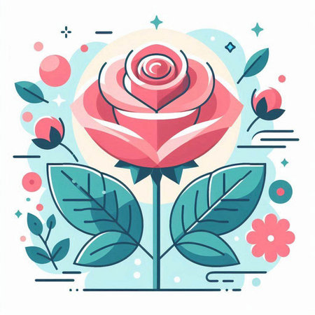 Flat design style vector illustration concept of pink rose flower with green leaves on blue background.のイラスト素材