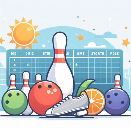 Bowling game vector illustration. Sport background. Bowling ball, sneakers, pins, orange, sun.のイラスト素材