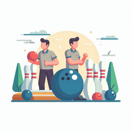 Two men playing bowling in the park. Vector illustration in flat styleのイラスト素材