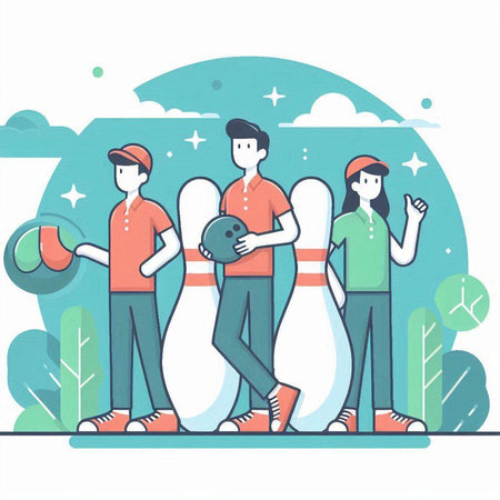 People playing bowling in the park. Vector illustration in flat style.のイラスト素材