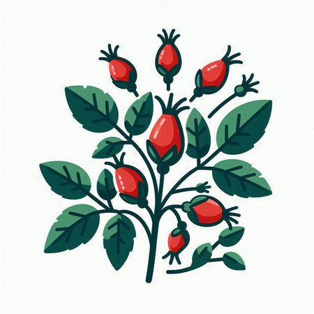 Rosehip branch with berries and leaves isolated on white background. Vector illustration.のイラスト素材