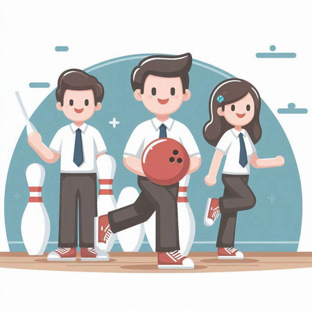 Businessman and businesswoman playing bowling. Flat style vector illustration.のイラスト素材