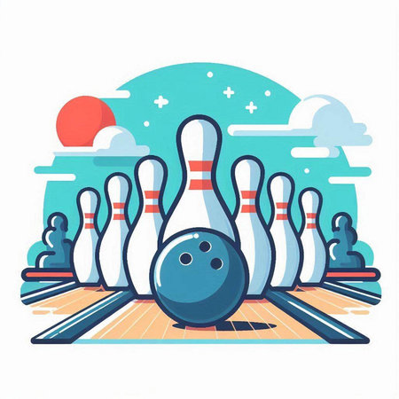 Bowling ball and skittles on the bowling lane. Vector illustration.のイラスト素材