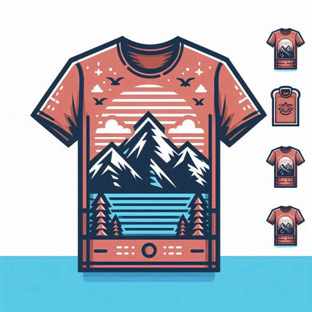 T-shirt design with mountains, trees and mountains. Vector illustration.のイラスト素材