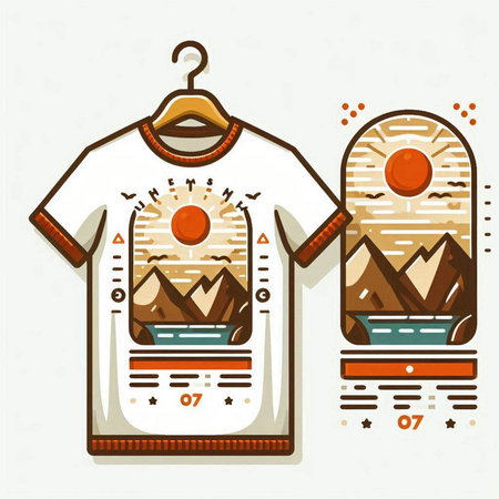 T-shirt design with mountains and sun in flat linear style.のイラスト素材