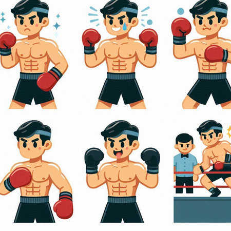Cartoon boxer vector illustration. Collection of boxer character in various poses.のイラスト素材
