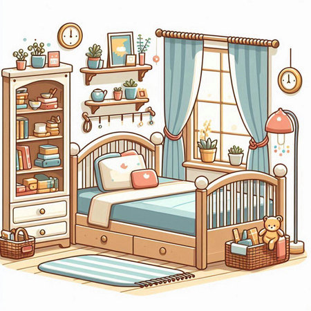 Illustration of a children's room with a bed and a shelf with toysのイラスト素材