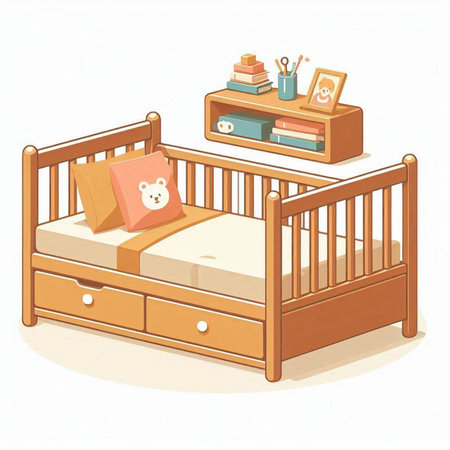 Illustration of a children's bed with books and accessories on a white backgroundのイラスト素材