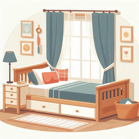 Bedroom interior with window and curtains. Vector illustration in cartoon styleのイラスト素材