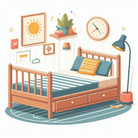 Vector illustration of a childrens bedroom with a bed and a clockのイラスト素材