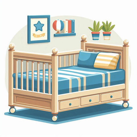 Illustration of a baby bed in a flat style. Vector illustration.のイラスト素材