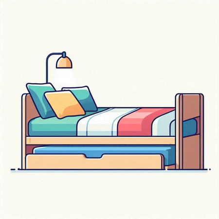 Bed with pillows and bedside table in flat style. Vector illustration.のイラスト素材
