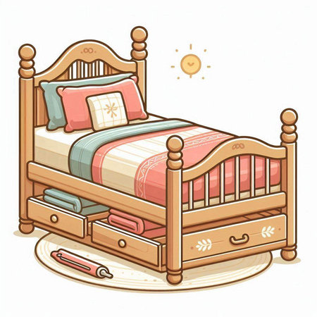 Illustration of a wooden bed with pillows and a blanket.のイラスト素材