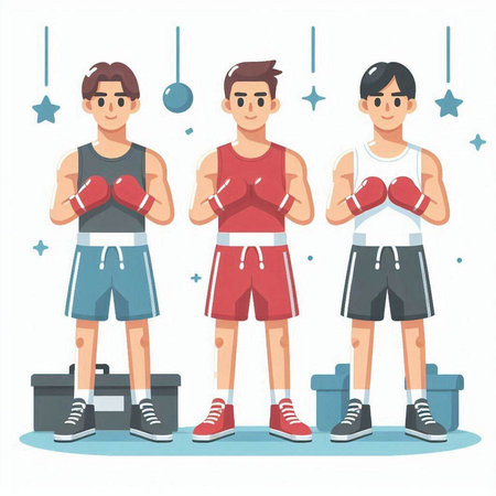 Boxing men vector illustration in flat style. Boxer character in red boxing gloves.のイラスト素材