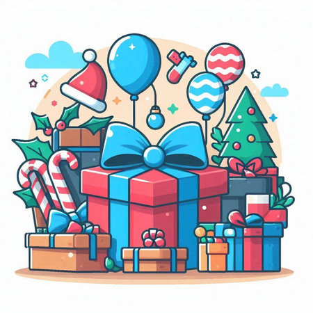 Vector illustration of a Christmas gift box in flat style with decorations.のイラスト素材