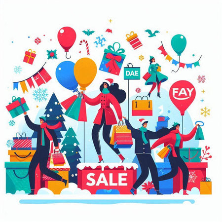 Winter sale banner with people shopping. Vector illustration in flat style.のイラスト素材