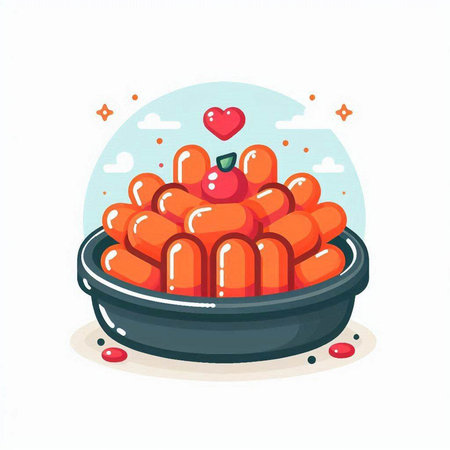 Illustration of a bowl full of heart shaped sausages.のイラスト素材