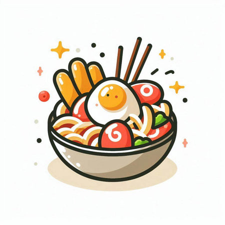 Bowl of noodle soup with egg. Hand drawn vector illustration.のイラスト素材