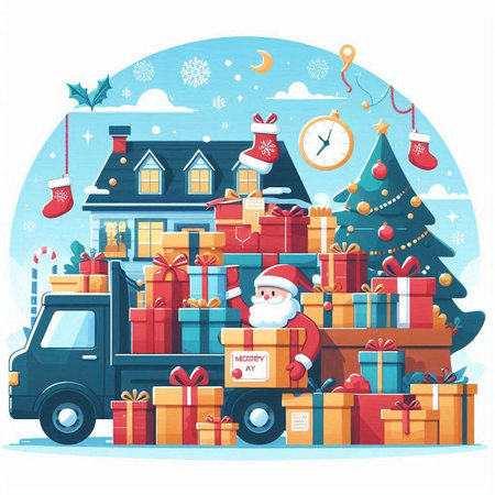Vector illustration of Santa Claus delivery gifts to the house on Christmas eveのイラスト素材