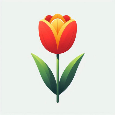 Vector illustration of a red and orange tulip with green leaves.のイラスト素材