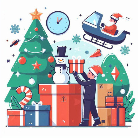 Christmas and New Year vector illustration. Santa claus with gifts and snowman.のイラスト素材