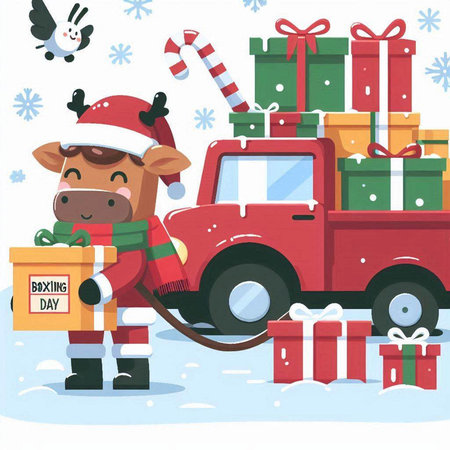 Christmas and New Year greeting card. Cute cartoon bull in Santa Claus costume with gifts on a car.のイラスト素材