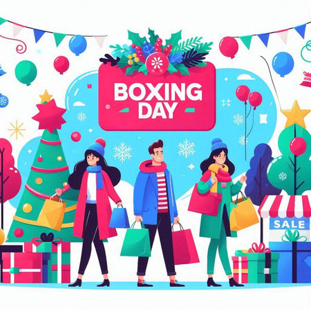 Boxing day vector illustration in flat cartoon style. Happy people with shopping bags, present boxes and tree.のイラスト素材