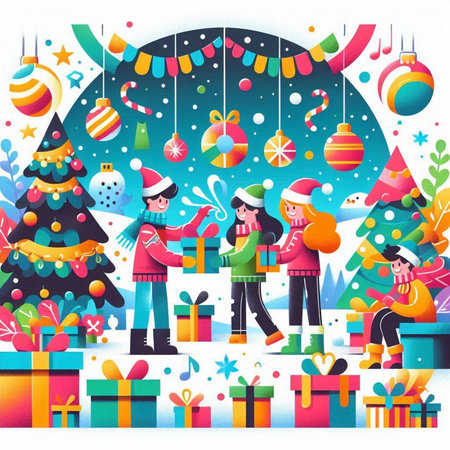 Vector illustration of a group of people in Santa Claus hats and sweaters decorating the Christmas tree with gifts.のイラスト素材