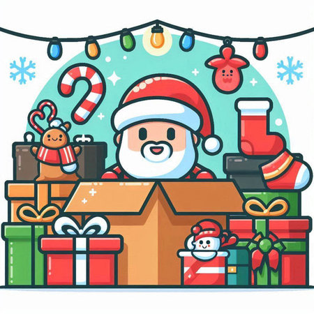 Santa Claus with gift boxes and christmas lights. Vector illustration.のイラスト素材