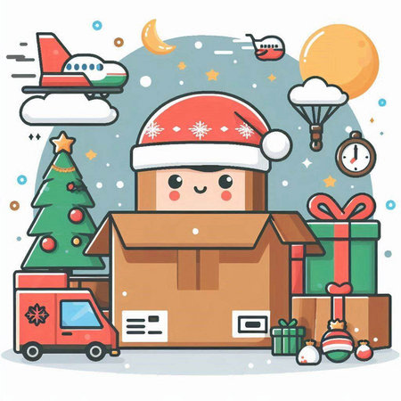Cute cartoon christmas delivery boy with gift box. Vector illustration.のイラスト素材