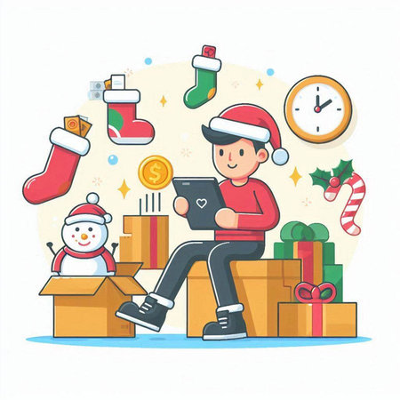 Vector illustration of a man with a tablet in his hands and christmas giftsのイラスト素材