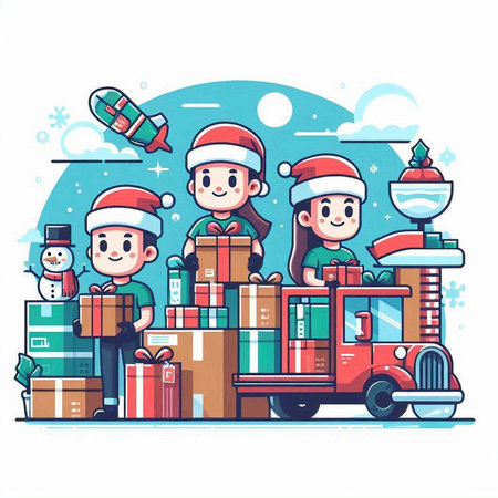 Christmas and New Year concept. Santa Claus, elf, train, gifts. Vector illustrationのイラスト素材