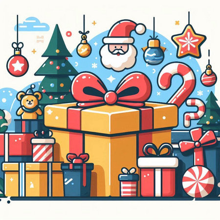 Vector illustration of Christmas and New Year background with Santa Claus, Christmas tree, gifts and decorations.のイラスト素材