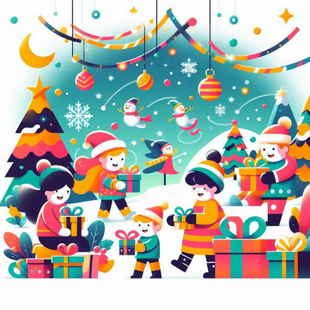 Christmas and New Year greeting card with Santa Claus and kids. Vector illustration.のイラスト素材