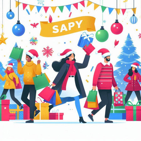Christmas sale. People with shopping bags and christmas tree. Vector illustration.のイラスト素材