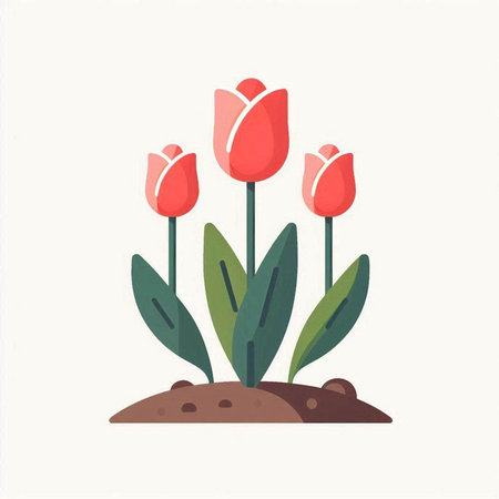 Red tulips in the ground. Vector illustration in flat style.のイラスト素材