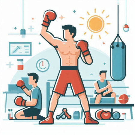 Boxing vector illustration in flat style. Boxer training in the gym.のイラスト素材