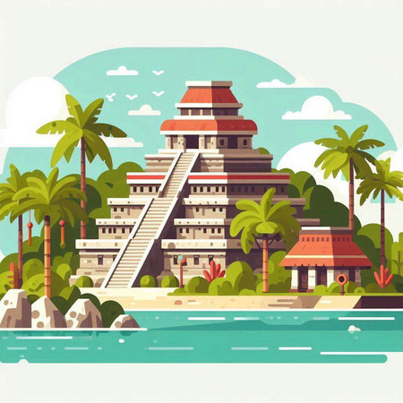 Tropical beach with palm trees and ancient temple. Vector illustrationのイラスト素材