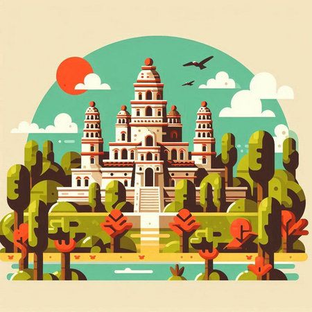 Landscape with famous Indian temple in flat style. Vector illustration.のイラスト素材