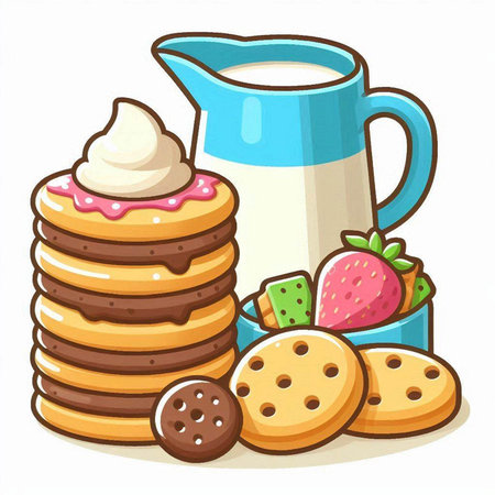 Illustration of a stack of cookies and a jug of milk.のイラスト素材