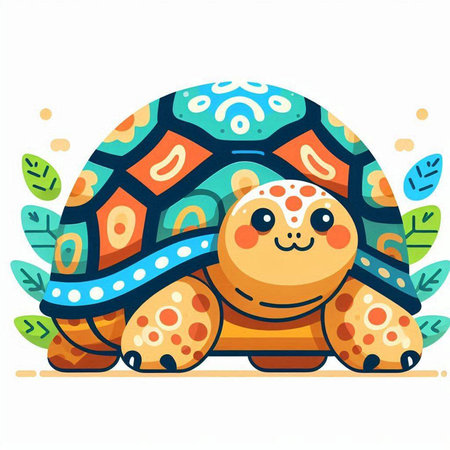 Cute cartoon turtle on a background of leaves. Vector illustration.のイラスト素材