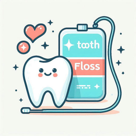 Cute cartoon tooth with dental floss. Dental care conceptのイラスト素材