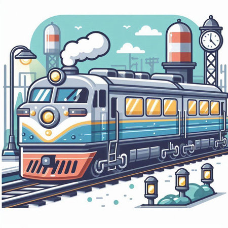 Train on the railway station. Vector illustration in cartoon style on a white background.のイラスト素材