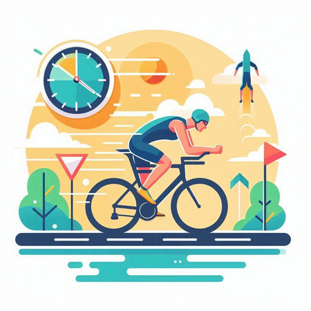 Cyclist riding bicycle on road. Vector illustration in flat styleのイラスト素材