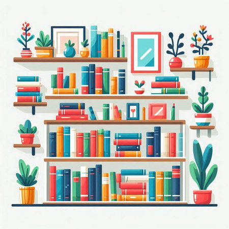 Bookshelf with books and plants. Vector illustration in flat styleのイラスト素材