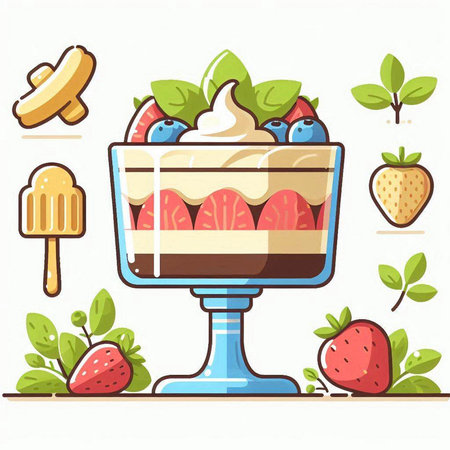 Strawberry cake in a glass cup with ice cream and berries. Vector illustration.のイラスト素材