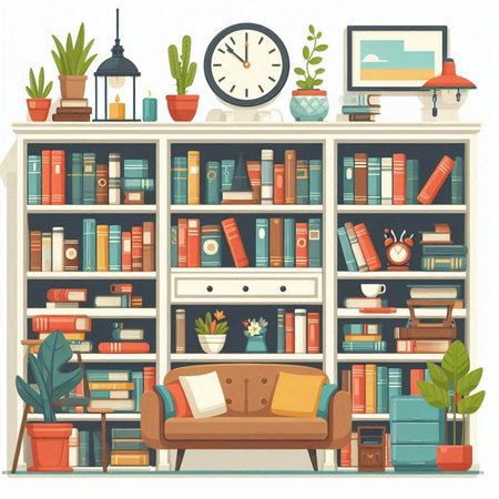 Bookshelf with books, sofa, lamp and plants. Vector illustrationのイラスト素材